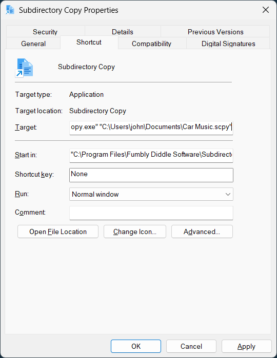 Windows shortcut properties