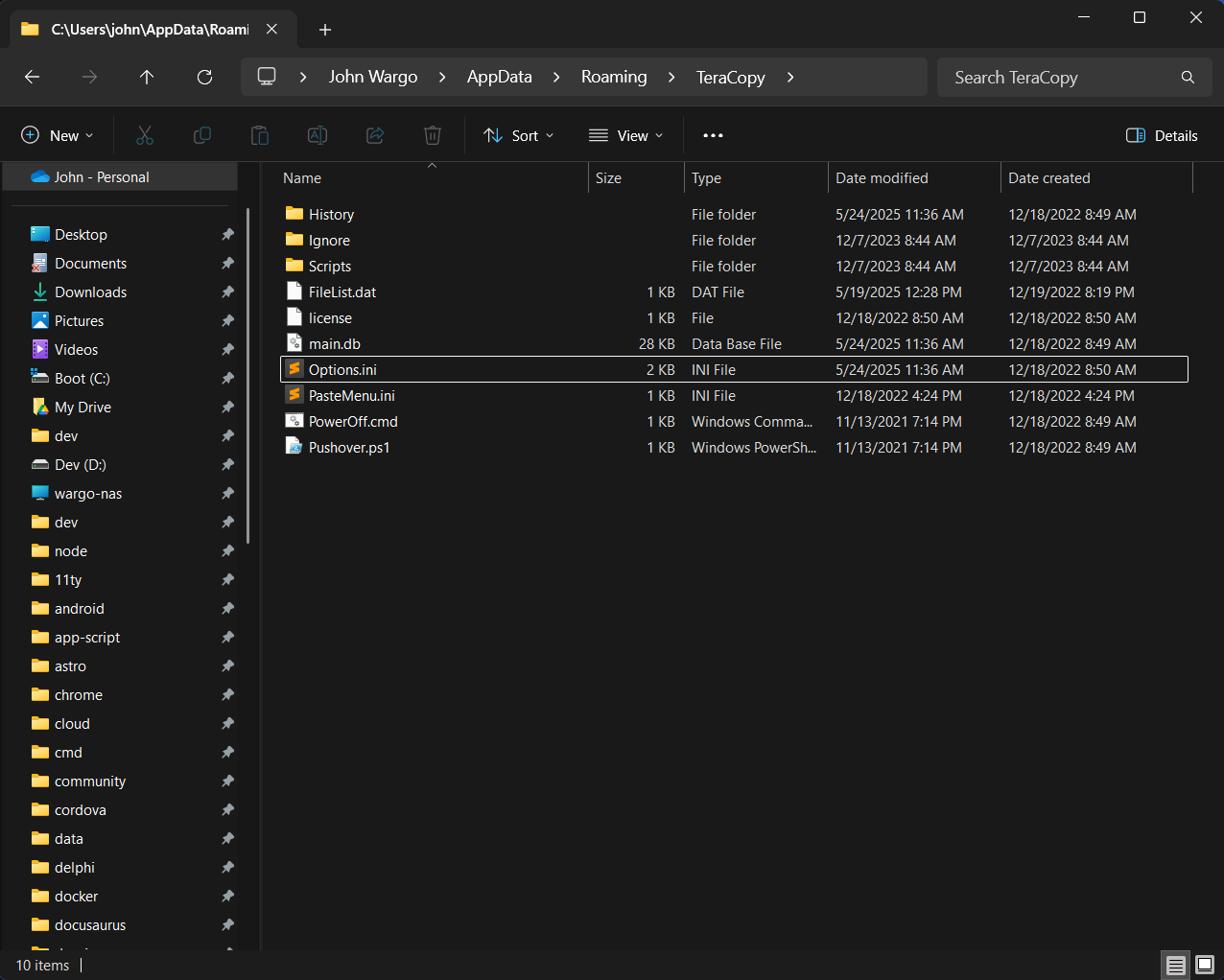 Windows File Explorer open to the TeraCopy configuration folder