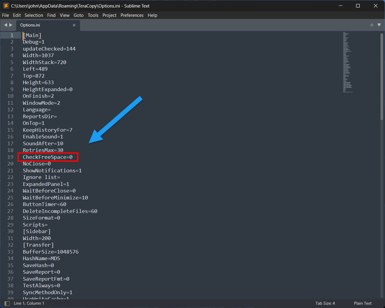 The TeraCopy Configuration modified with the required change.